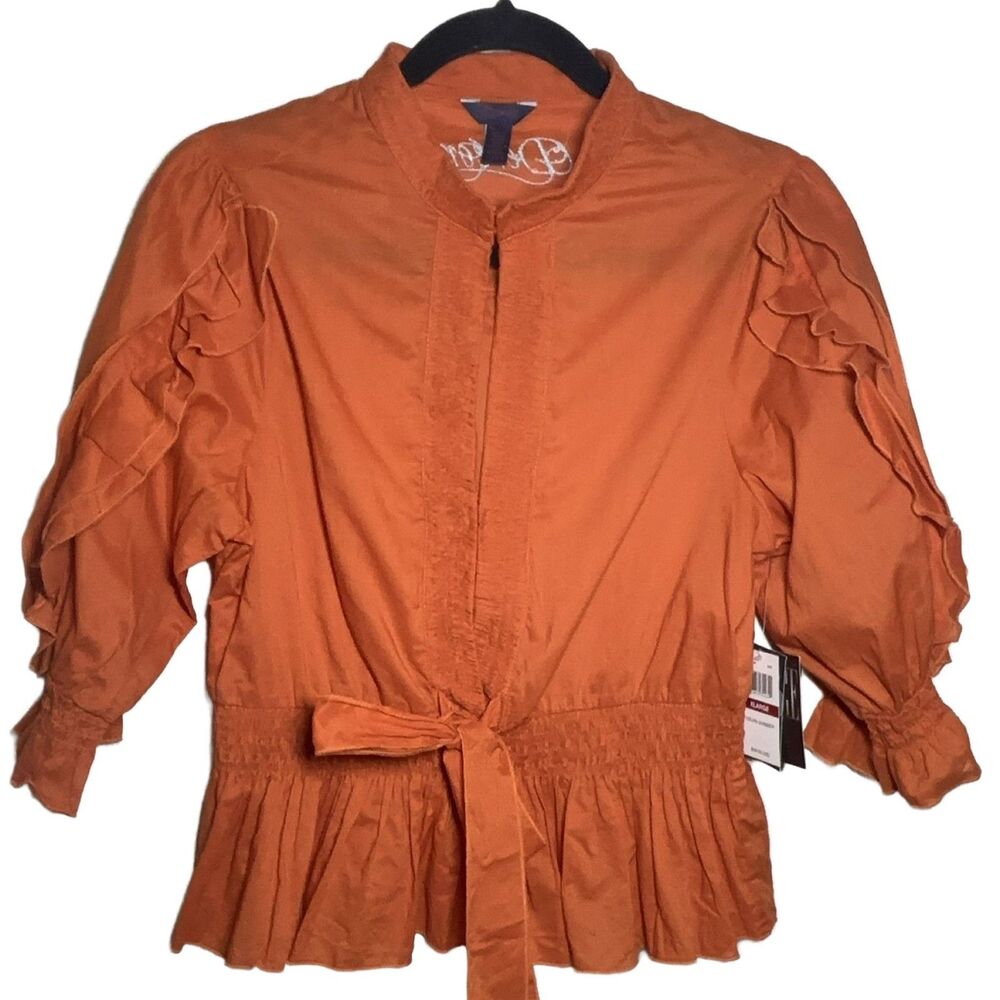 Dereon Indian Summer Blouse XL Orange Ruffled Smocked Tie Waist Top